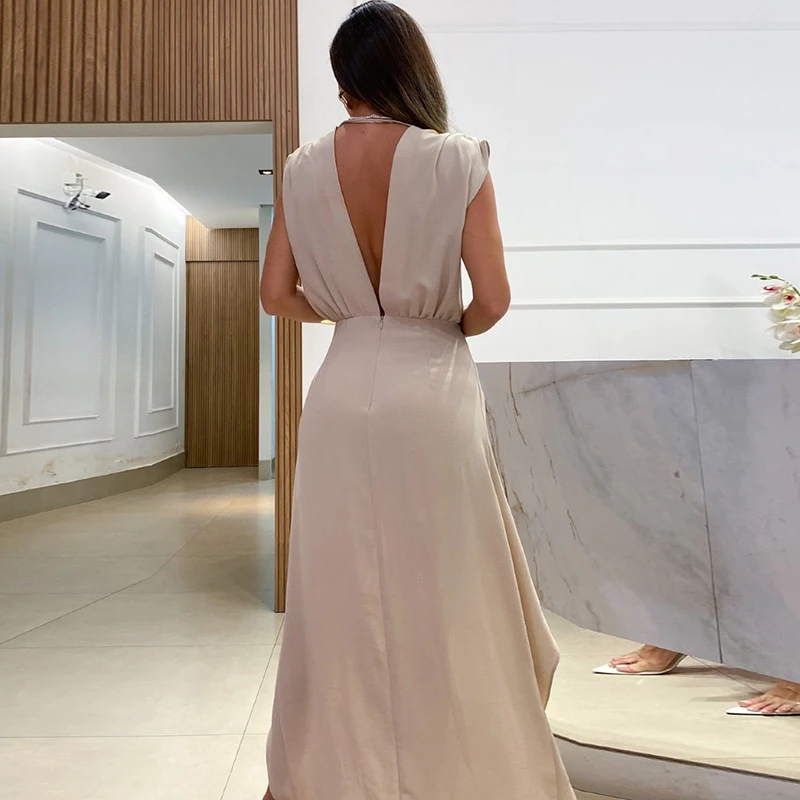 فساتين حفلات أنيقة للنساء الصيف الخامس الرقبة بلا أكمام ألف خط الصلبة فستان طويل المرأة مساء فستان أحمر