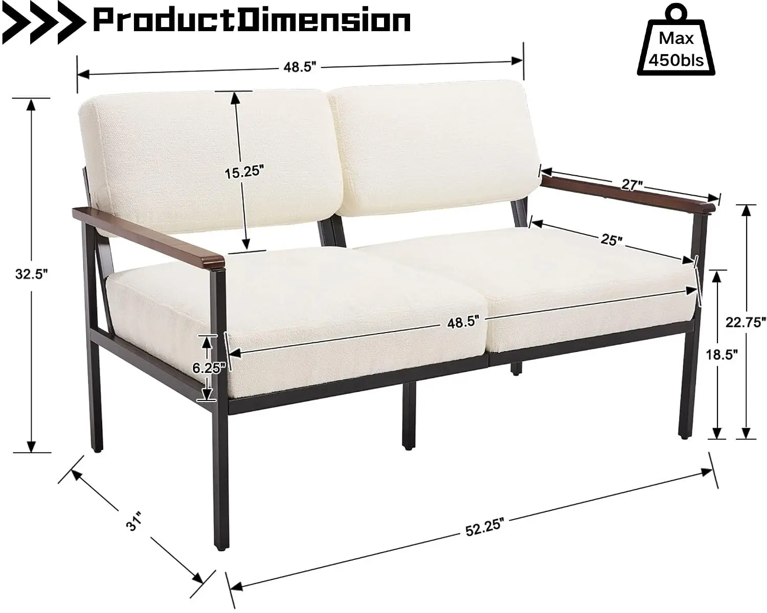 52 Inch Beige Chenille Loveseat Couches for Living Room, Mid Century Modern Sofa with 2 Seat Upholstered Cushion, Customized