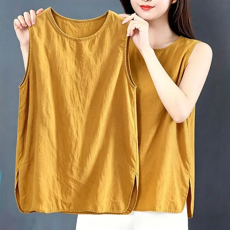 Women Sleeveless Loose Cotton Linen Blend Tank Top Solid Color O Neck Summer Casual Beach Wear Basic Tee