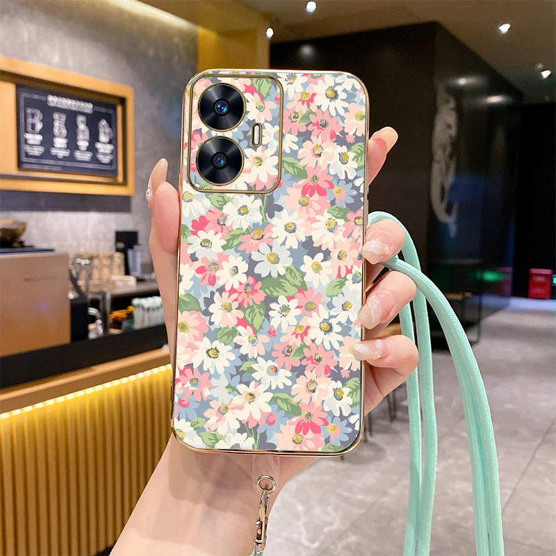 C55 Flower Shrubs Luxury Plating Phone Case For OPPO Realme C55 C33 10 10Pro 10T 12 C53 C63 11Pro 9 9i 12Pro C67 C35 C25Y Cover