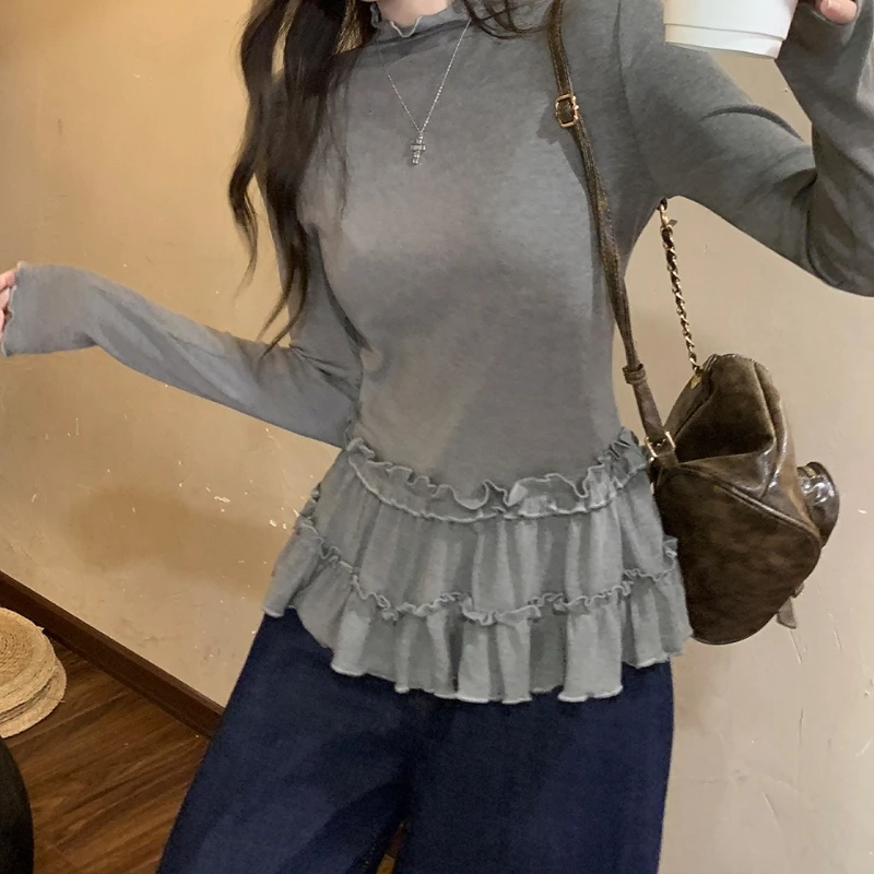 

Grey Semi-turtleneck Long-sleeved T-shirt with Wooden Ear Edge High-end Bottoming Shirt with Autumn and Winter Top for Women