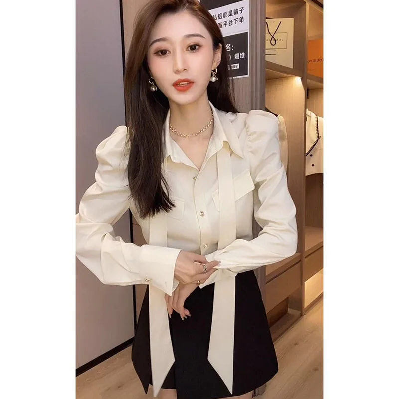 Damska koszula/kurtka na wiosnę i jesień, jednolity kolor, styl casual, modna, z długim rękawem, z kokardą, bluzka/kardigan z bufiastymi rękawami.