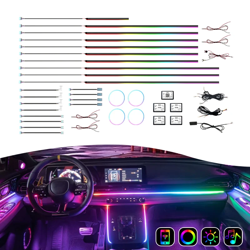 26 In 1 Full Color Streamer Car Ambient Lights RGB 64 Color Universal LED Interior Hidden Acrylic Strip Symphony Atmosphere Lamp