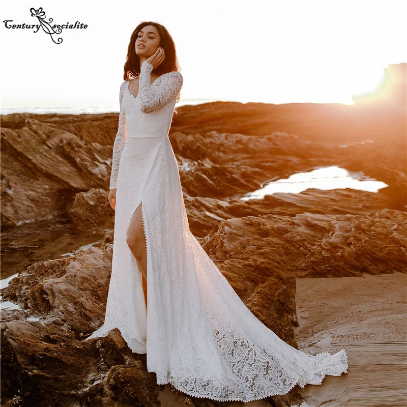 

Long Sleeve Boho Wedding Dresses 2023 Side Slit Backless Lace Beach Bridal Dress Bride Gowns Vestido De Noiva