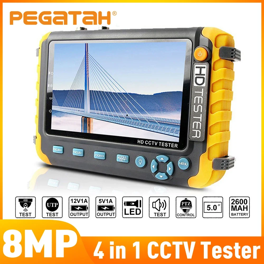 

PEGATAH 8MP 4 в 1 тестер видеонаблюдения 5-дюймовый монитор камеры 4K AHD/CVI/TVI CVBS тестер аналоговой камеры с входом HDMI VGA тест кабеля UTP