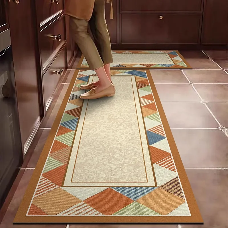 

PVC Kitchen Carpet Waterproof Leather Floor Mat Oil-proof Non-slip Long Foot Mats Color Stripes Ethnic Style Home Decoration Rug