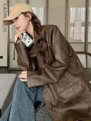 LANMREM Brown Leather Jacket Women Notched Collar Long Sleeves Single Breasted Office Lady Cool Coats 2024 Autumn New 2DA8997