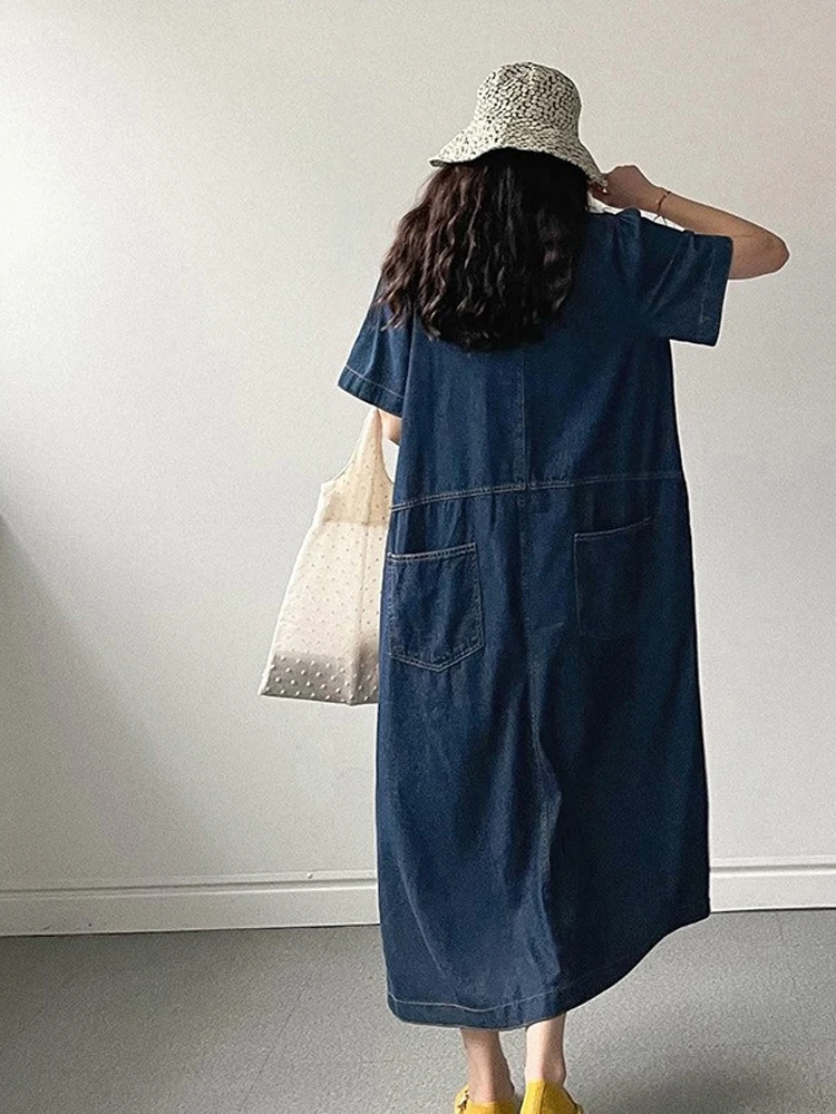 Vestido de Jeans com Decote Redondo e Manga Curta, Estilo Coreano, Vestido de Verão Faionável para Mulheres, Saia Longa em ...