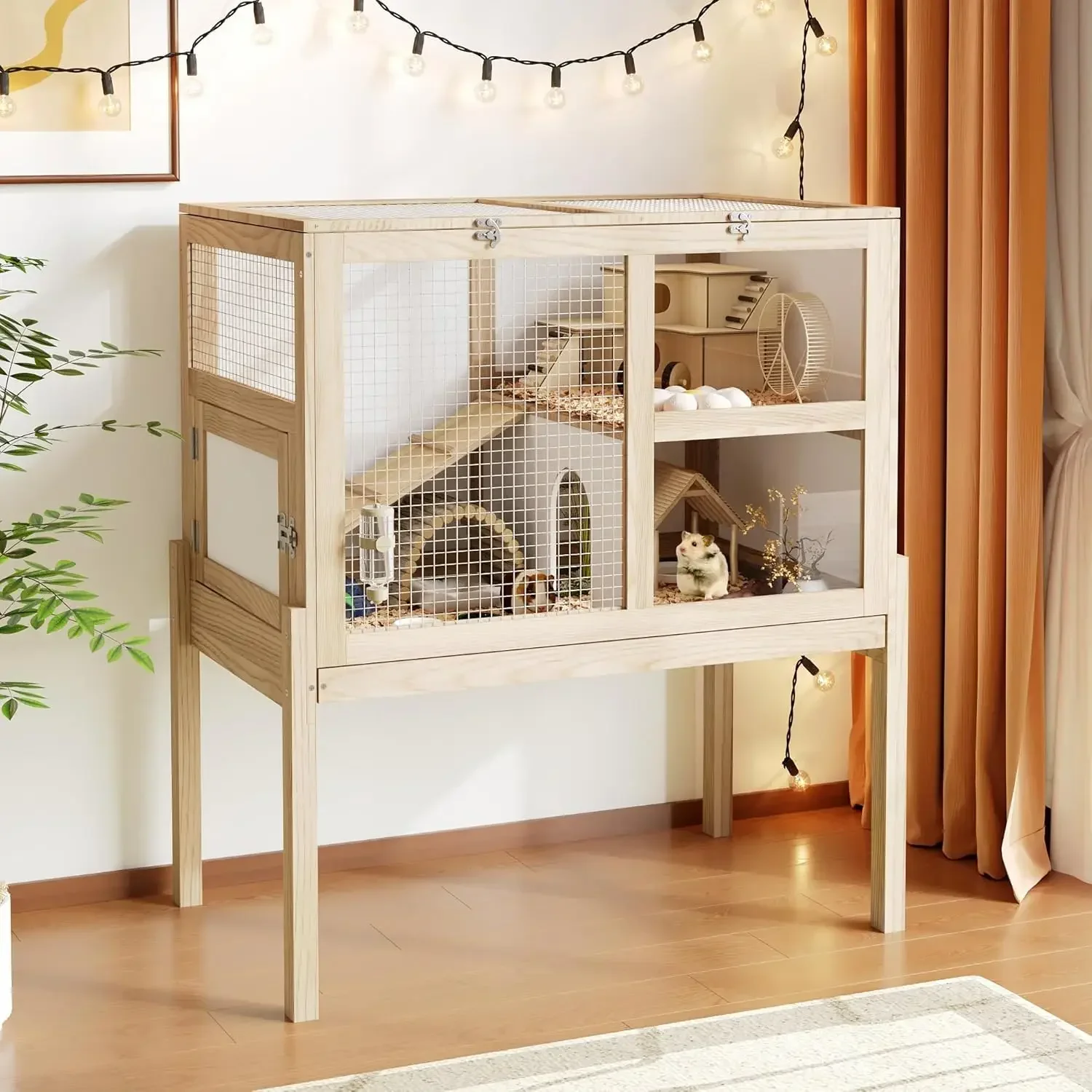 

Guinea Pig Cages for 2, Small Animals Rabbit Cages with a Pull Out Tray, Large Wooden Indoor 2-Story Hamster House, Guinea Pig H