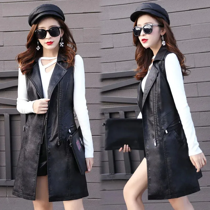 Autumn Winter Leather Vest Women Mid-length Slim Add Cotton Washing Pu Leather WaistcoatLeather Windbreaker Coat Match Belt