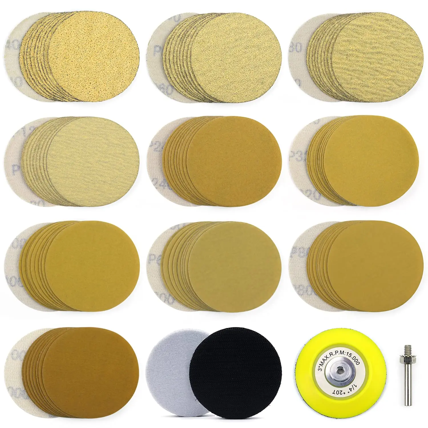 100 Pack 3 Inch Sanding Discs Hook Loop 40-1000 Grit Sandpaper Backing Plate for DA Sanders, Drills, Woodworking and Automotive