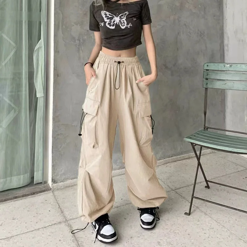 Women Drawstring Elastic Waist Cargo Pants Multi Side Pockets Loose Wide Leg Adjustable Ankle Trousers Dance Streetwear Casual