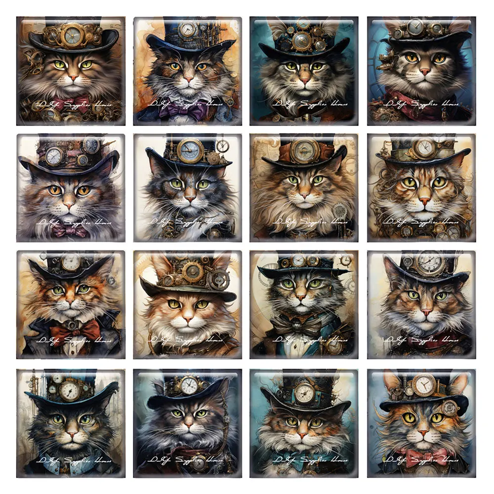 

10pcs/lots Steampunk Gear Cool Cat Kitty Square Photo Glass Cabochon Flatback Demo Flat Back Cameo For Diy Jewelry Making