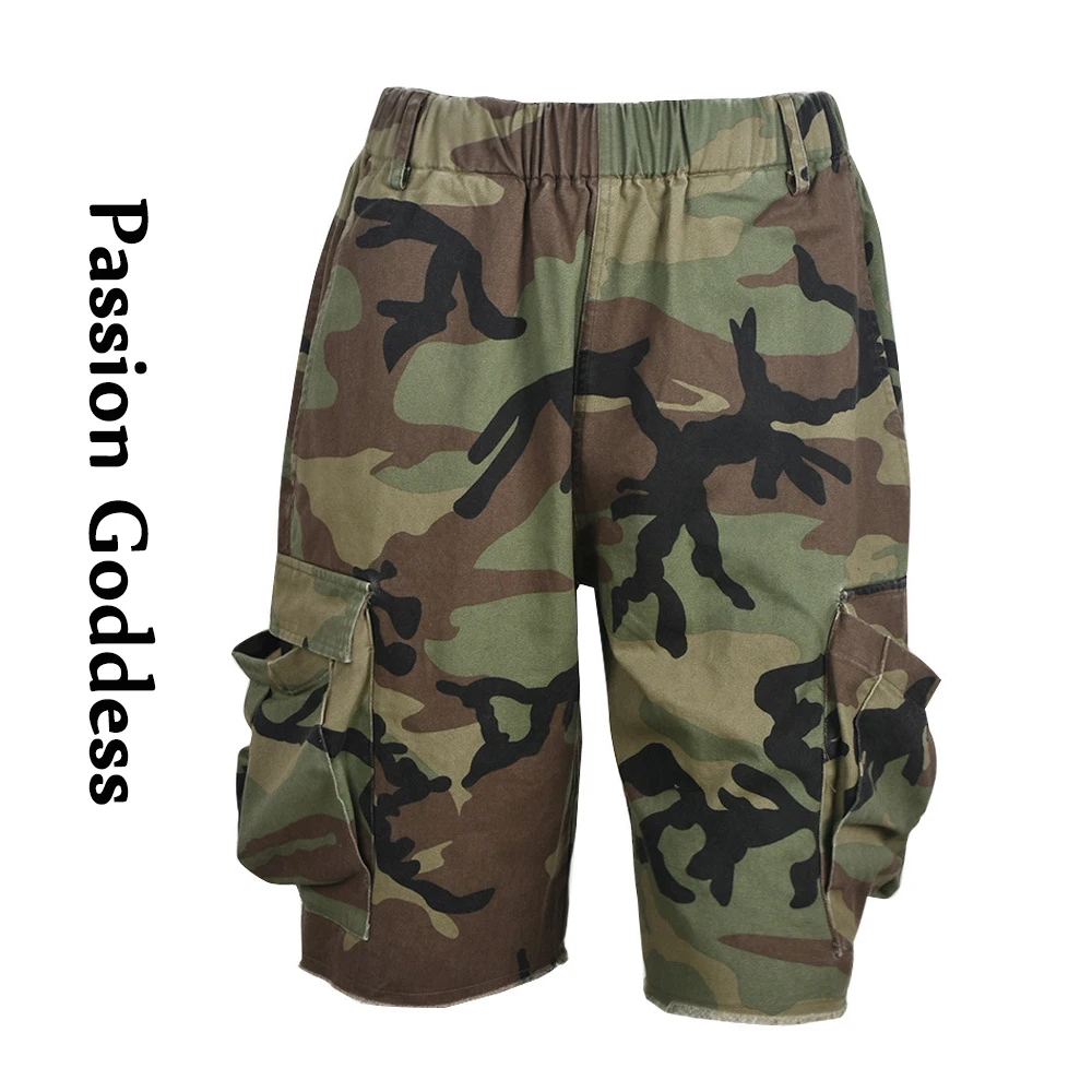 Moda feminina camuflagem mid shorts cintura alta mid-sweatpants carta camo multipocket shorts femme festa legal baggy carga shorts