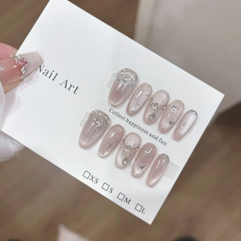 

10 Pieces Spring Simple Sweet White Moonlight Temperament Cat Eye Handmade Press On Nails Bow Set Diamonds False Nails