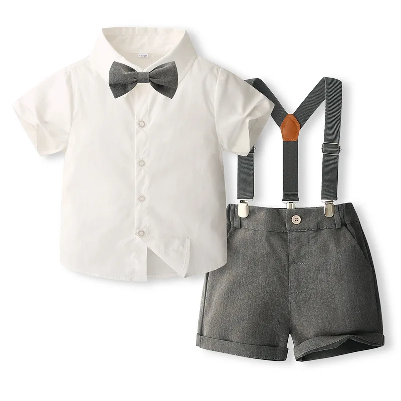 4Piece Summer Kids Clothes Boys Korean Fashion Gentleman Tie Short Sleeve Cotton Baby Tops+Shorts+Straps Children's Sets BC192