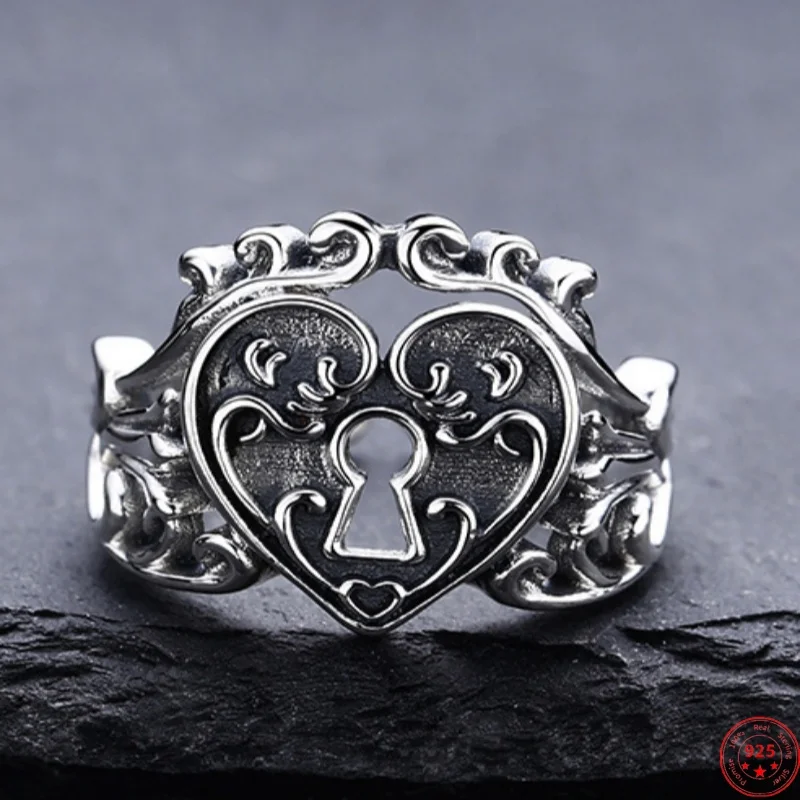 Genuine S925 Sterling Silver Rings for Women Men New Fashion Eternal Rattan Hollow Love Heart Lock Punk Jewelry Wholesale