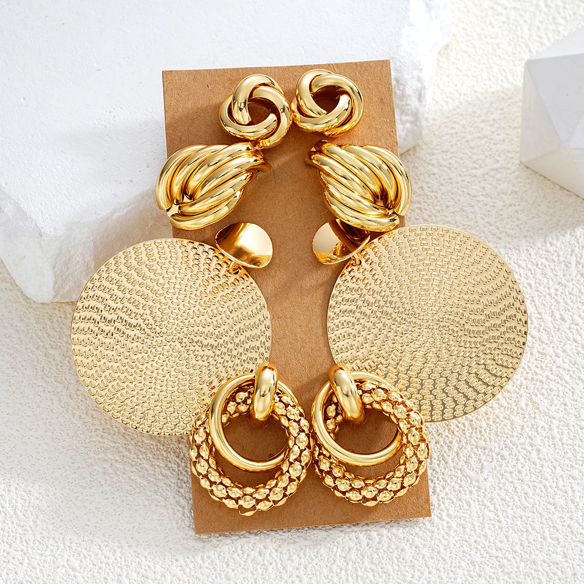 New Retro Gold Color Earrings Set for Women Vintage 4 Pcs/Set Boho Big Circle Twist Stud Earrings Fashion Jewelry Gifts 2024