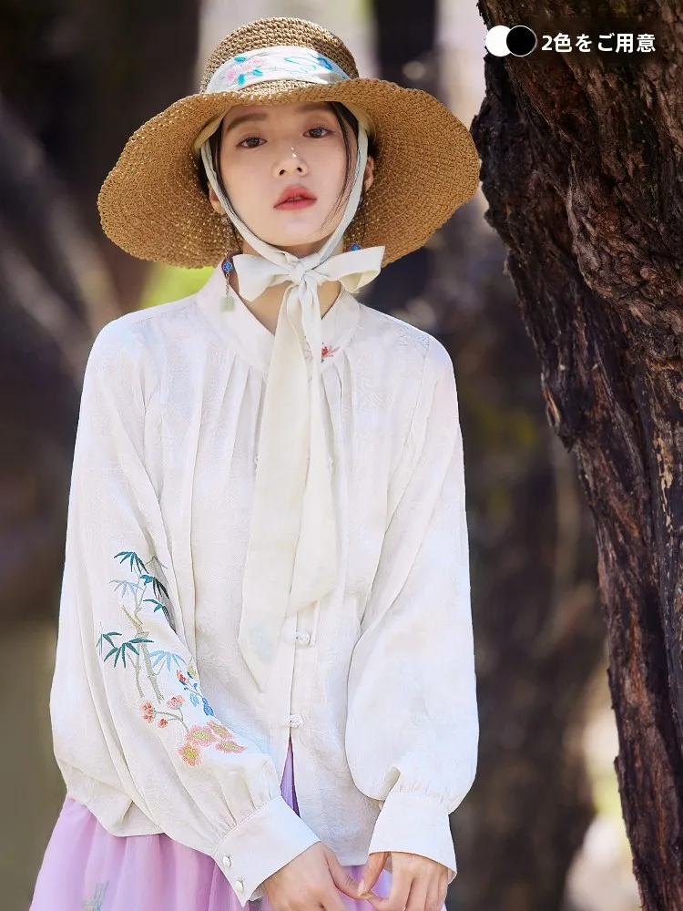 

Оригинальная китайская вышитая блузка с вышивкой летучей мыши, женская, весенняя, модная, дышащая, с длинным рукавом, воротником-стойкой, из хлопка