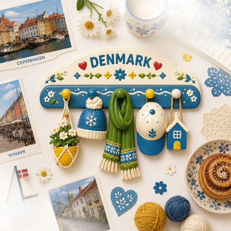 Denmark Winter Floral Hook Fridge Magnet - Cozy 3D Nordic Souvenir Unique Scandinavian Gift for Travel & Holiday Decor