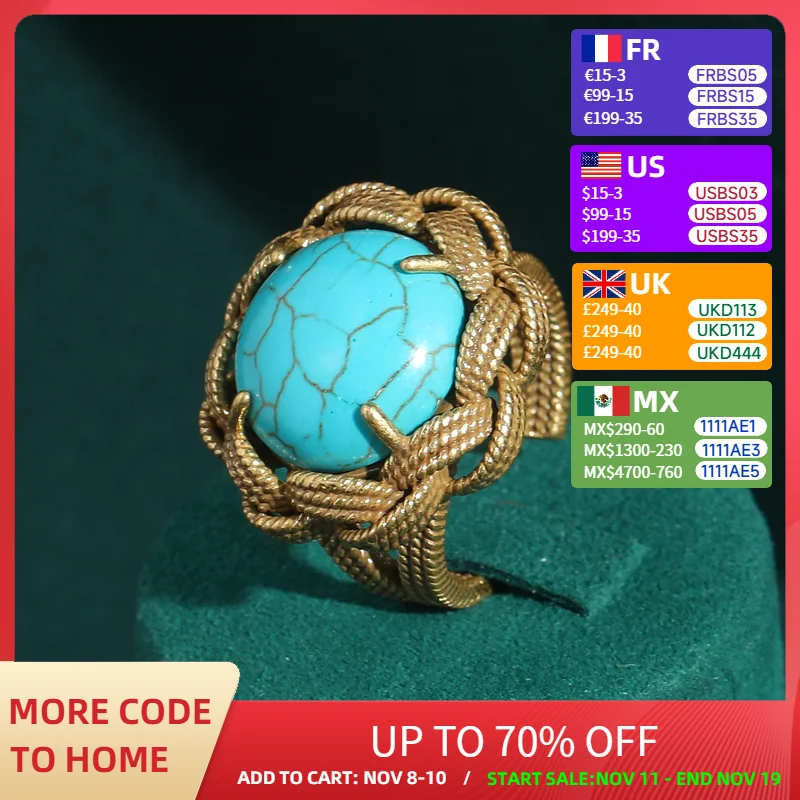 

Vintage Turquoise Ring Blue Round Natrual Stone Antique Gold Color Weave Accessories For Woman Luxury Quality Bohemian Jewelry
