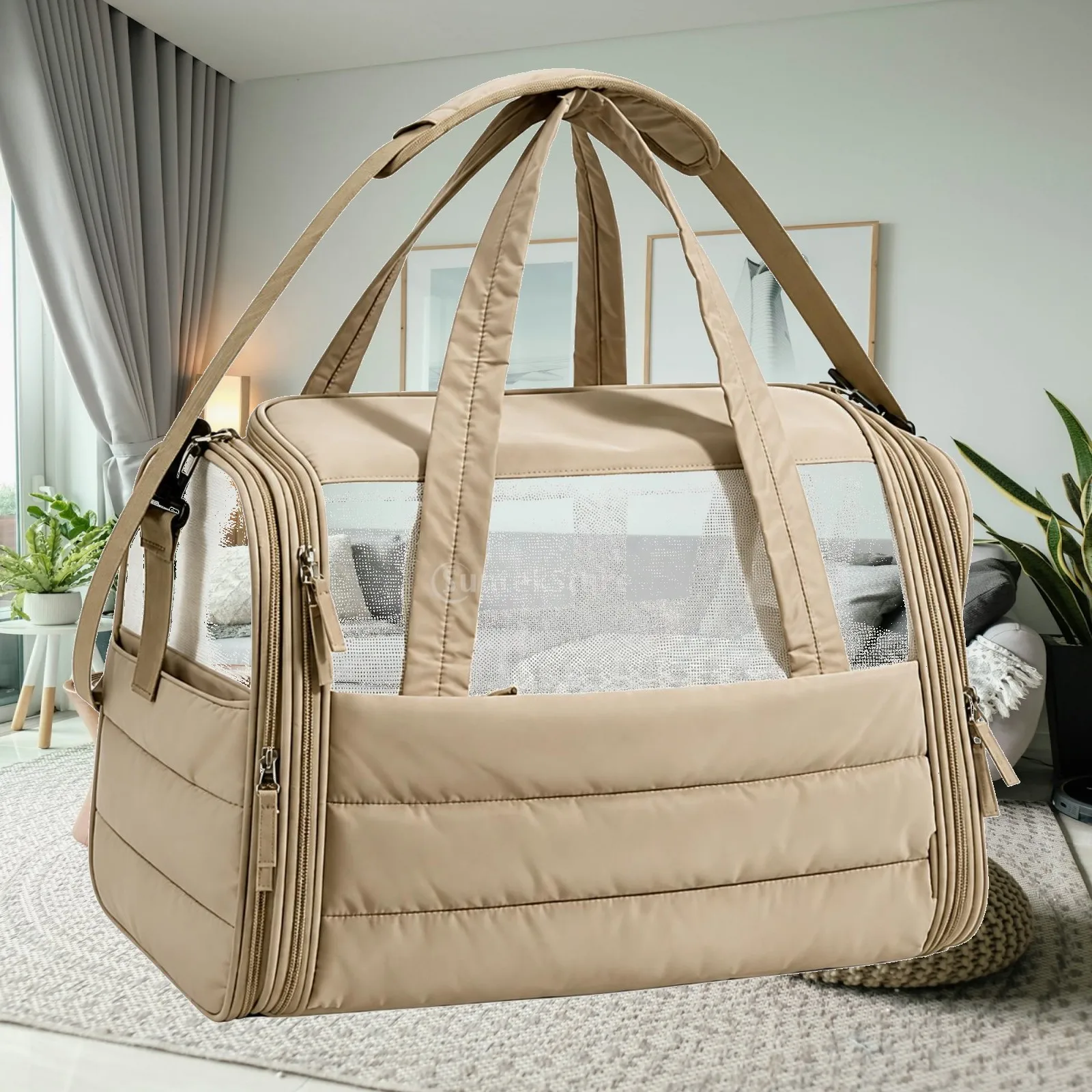 Quilted Polyester Pet Carrier Bag Splash-Proof Foldable Pet Carrier with Mesh Panels Soft Portable Breathable for Travel