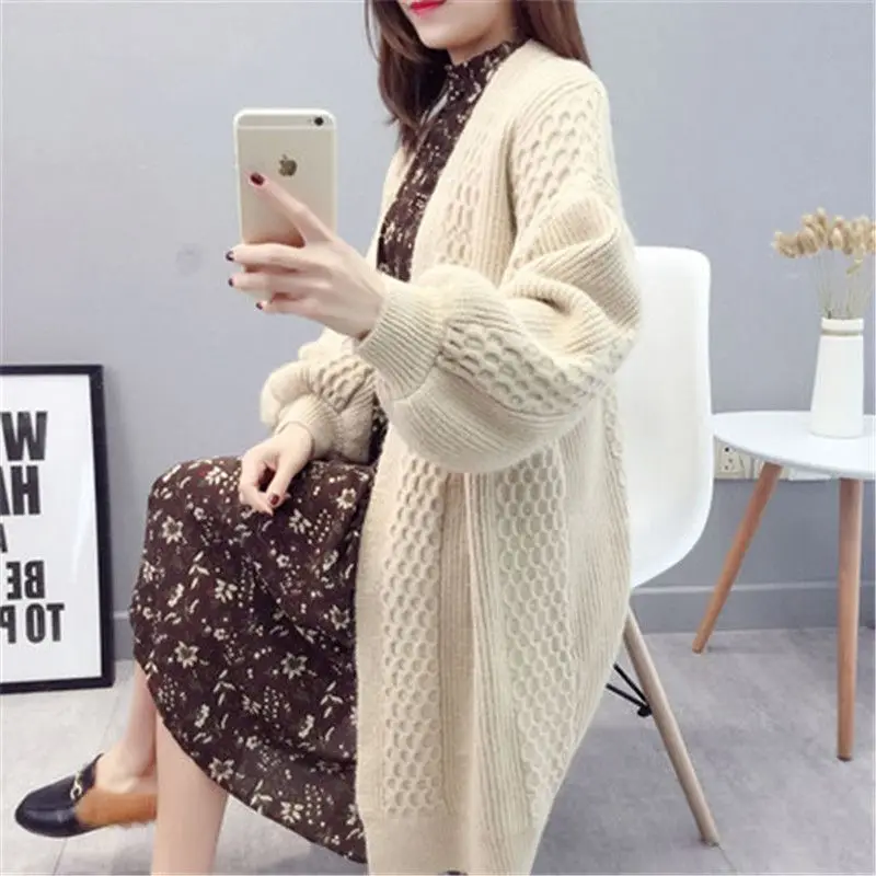 Women\'s Vintage Solid Color Sweater Cardigan 2023 Autumn and Winter Korean Loose Long Sleeve Office Lady V-Neck Knitted Coat