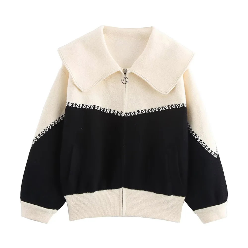 

Autumn and winter new fashionable women's clothing casual and elegant design sense color blocking woven belt jacket sweater j