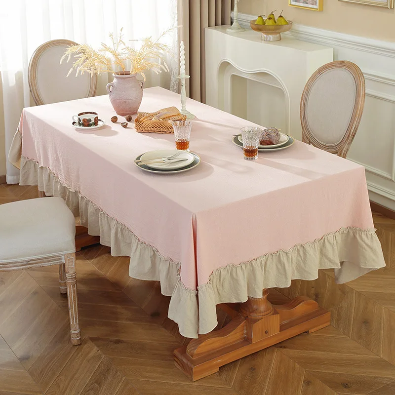 White Ruffles Cotton Fabric Table Cloth Washable Tablecloth, Home Wedding Party Dining Banquet Decoration Luxuriou Table Cover