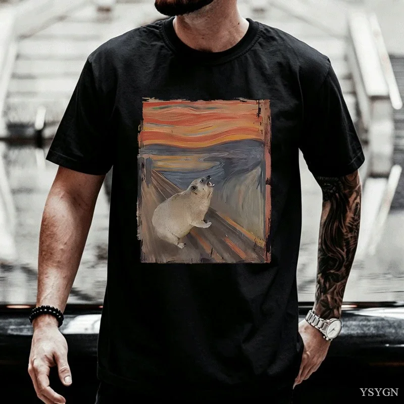 Hyrax Scream Parody Meme T-Shirt Women's Vintage Short Sleeve Crew Neck T-Shirt Loose Casual Men's Clothing Graphic T Shirts