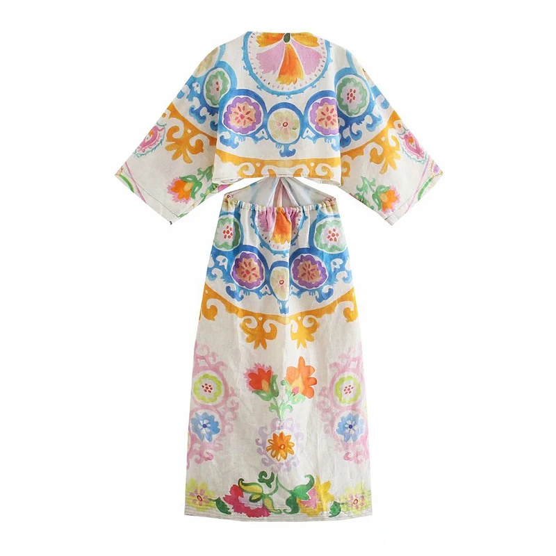 Printed Pattern Linen Dress Hollow Out Design Dress V-Neck Elegant Batwing Sleeve  Women Long Dresses Vacation Casual Beach Lady