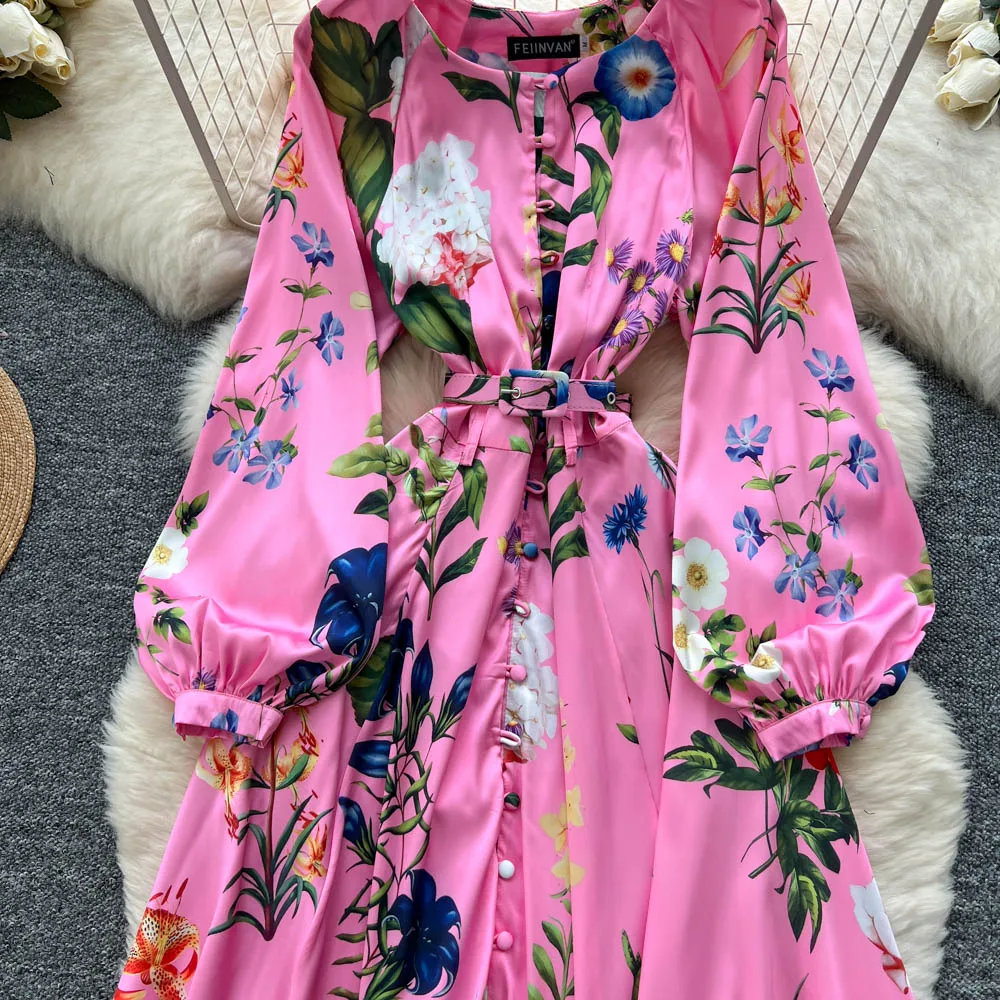 シックなヴィンテージ風長袖シングルブレストOネックプリントエレガントフェアリー韓国ファッションボヘミアン女性服ワンピース