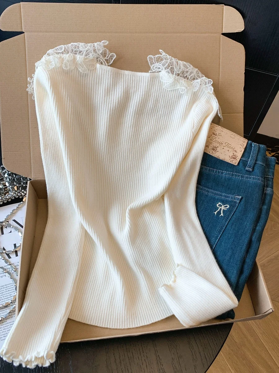 레이스 스플라이스 롱 니트 스웨터 여성용 겨울 신상 슬레 슈퍼 아름다운 이너웨어 스퀘어 칼라 베이스 셔츠