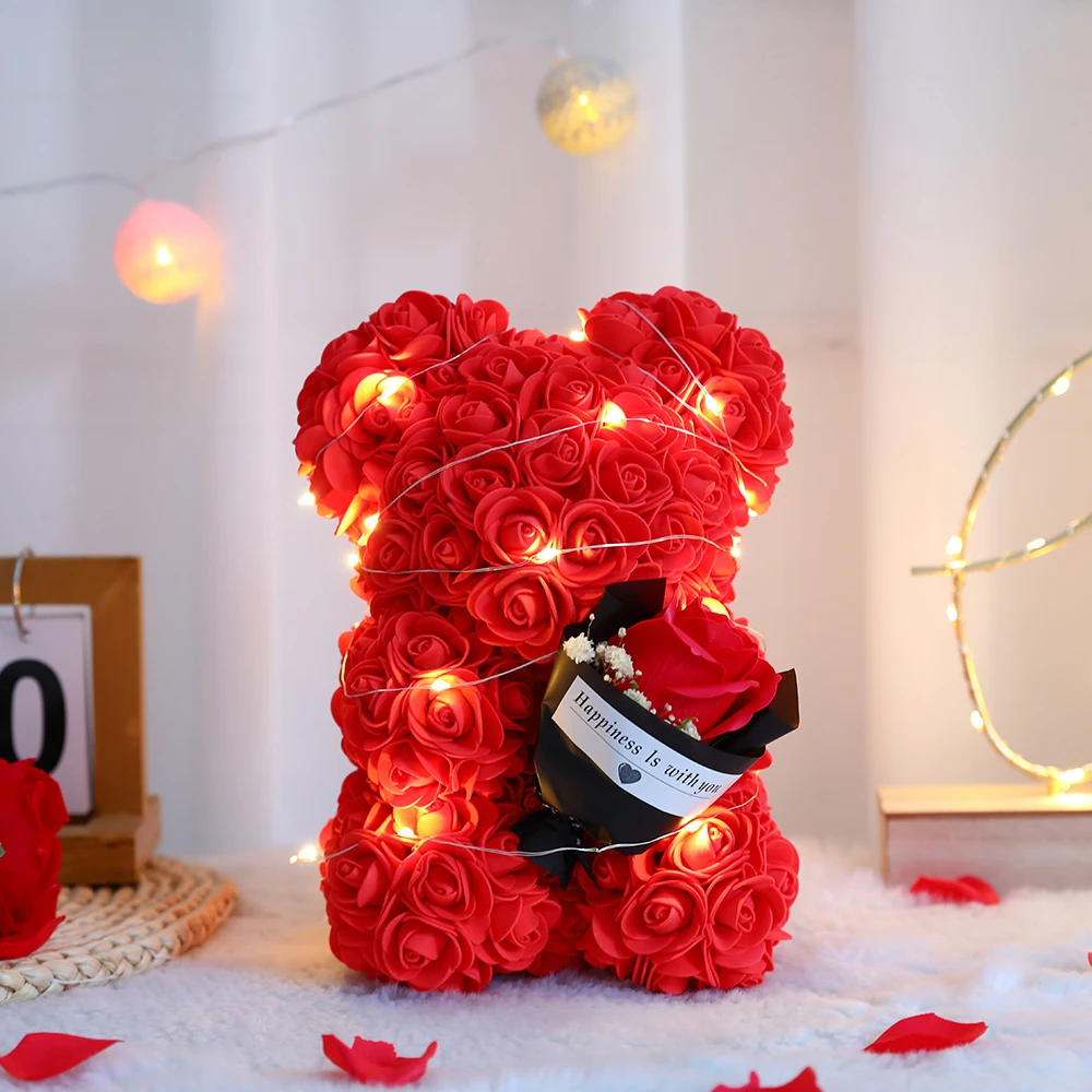 Artificial Flowers Bear With Box Greeting Card Red Heart 25cm Teddy Rose Bear Anniversary Birthday Wedding Valentines Day Gifts