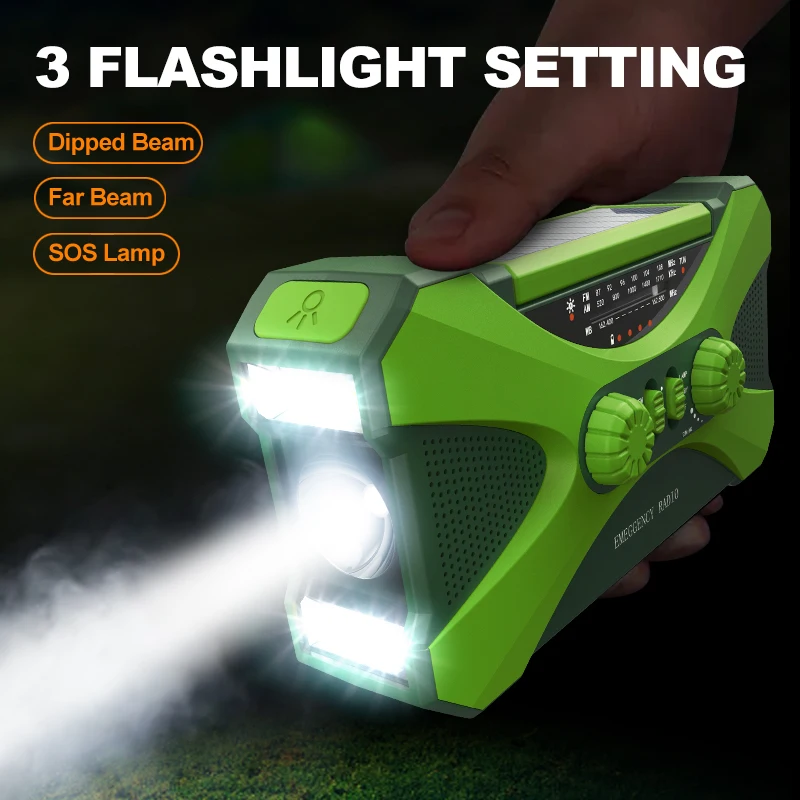 Emergency Flashlight Torch Solar Panel Power Bank Rechargeable Radio Hand Crank 10000mAh AM/FM/NOAA Weather Radios Home Outdoors