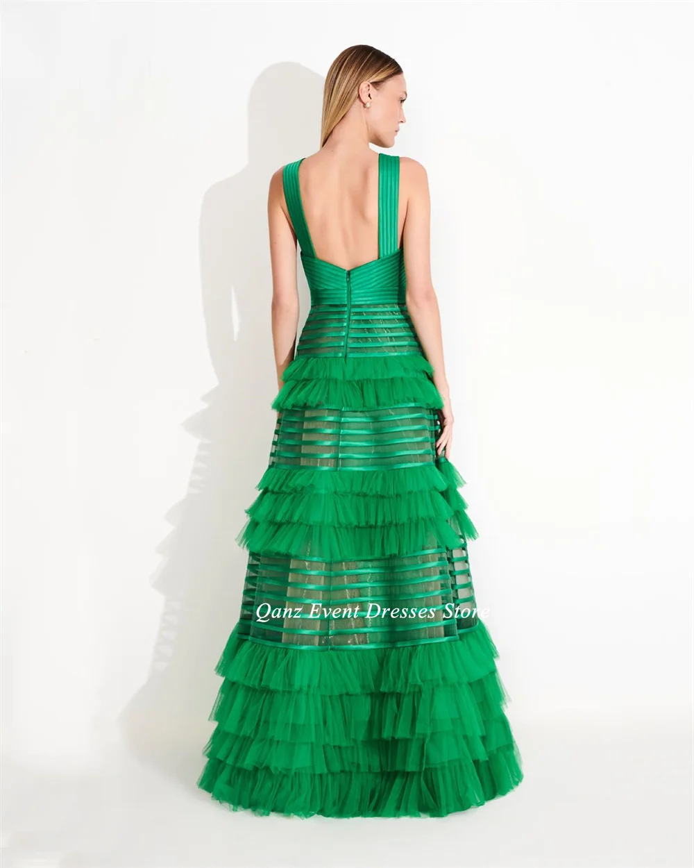 Qanz Tulle Green Prom Dresses Long A Line V Neck Tiered Ruffles Party Dresses Vestidos De Fiesta Elegantes Para Mujer Customized