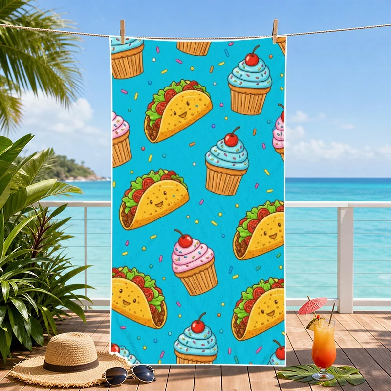 Cute Taco Beach Towel Microfiber Cartoon Cupcake Cake Pattern Bath Towels Large Quick Dry Kids Swimming Blanket Travel Shawl