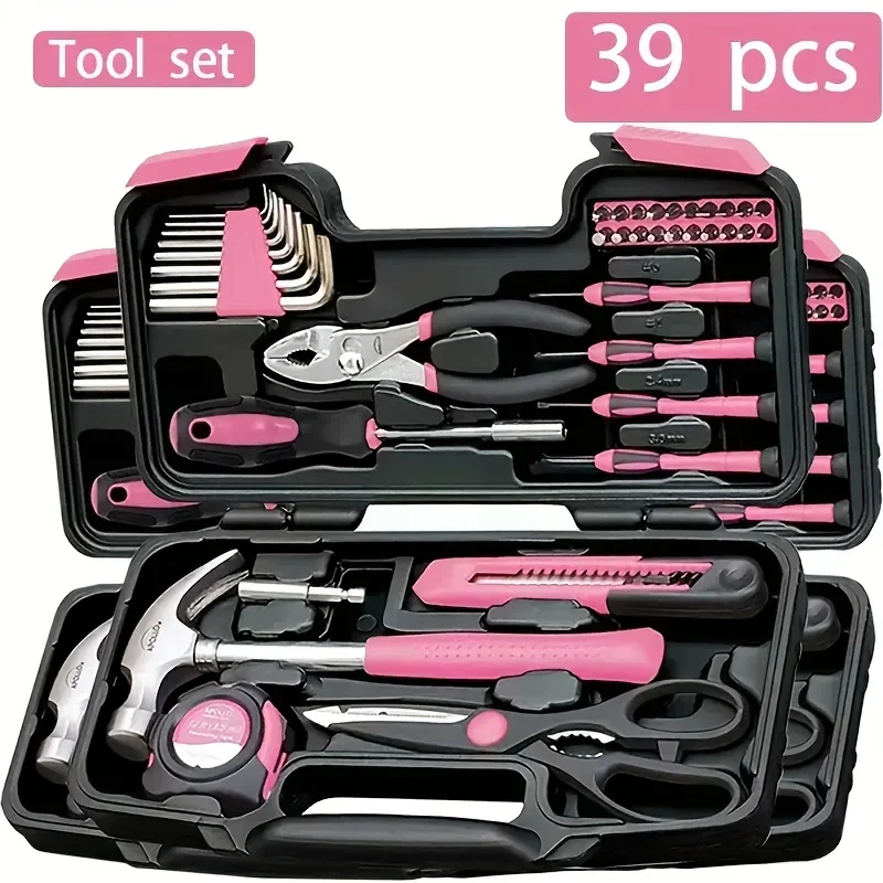 

The pink tool set, including hammers, measuring devices and screwdrivers, is suitable for both men and women.
