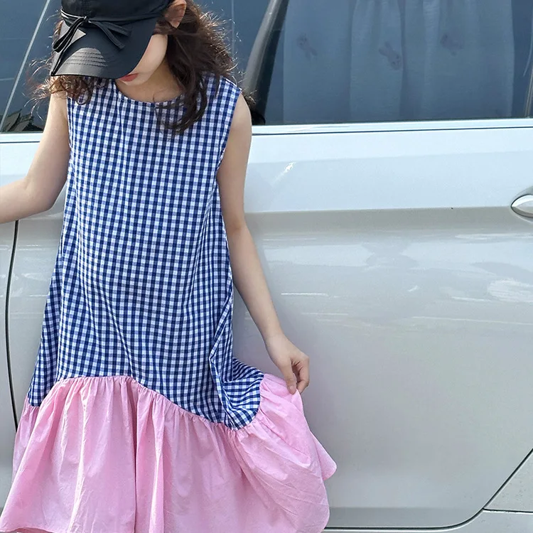 

2025 Korean Summer Teenager Girl Sleeveless Dress Children Girl Contrast Patchwork Plaid One-piece Dress School Girl Sweet Dress