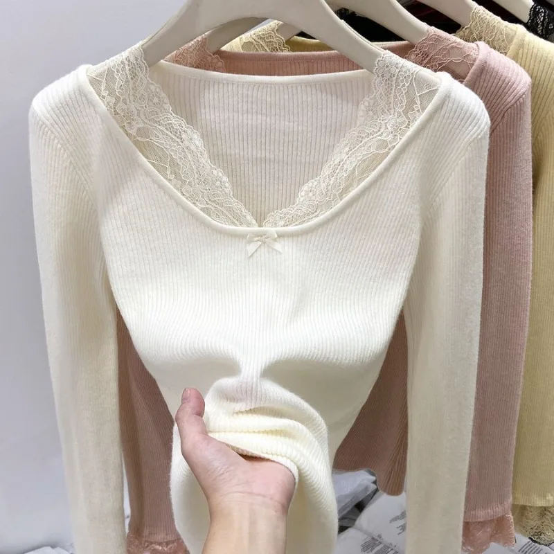 Matakawa Y2k Clothes Woman Sweaters Lace Patchwork Solid V Neck Short Pullovers Korean Fashion Basics Slim Retro Pull Femme