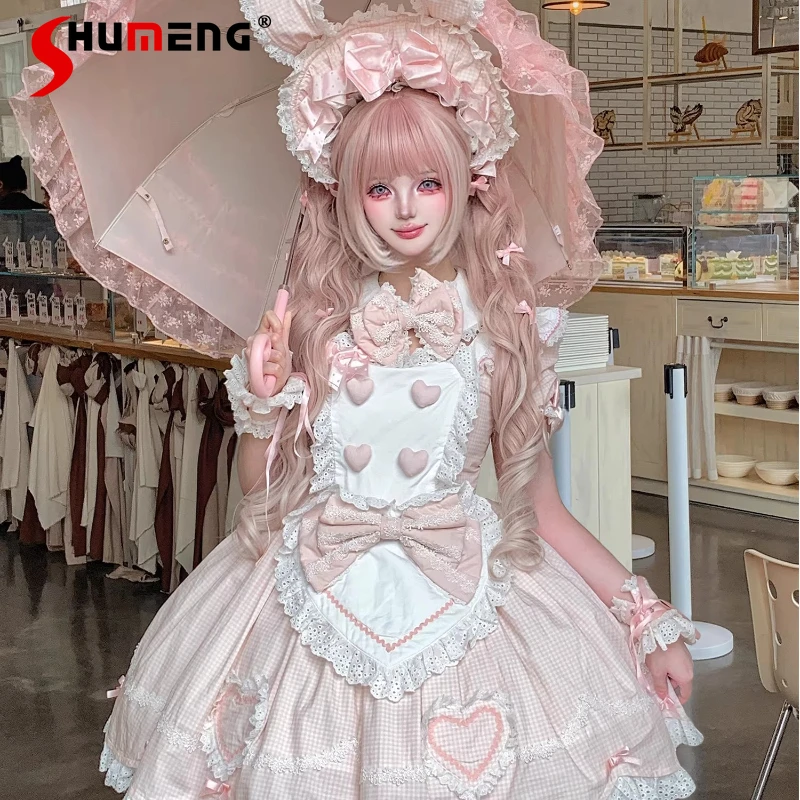 

Cute Maid Dress Bow Lace Lace Stitching Girl's Slim Fit Birthday Party Dress Pink Lolita Dress Women's Kawaii Princess Dresses