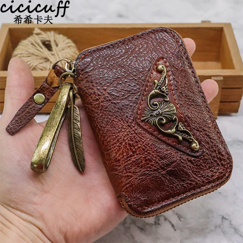 Cartera de cuero genuino para hombre, tarjetero Retro para llaves de coche, monedero Vintage, llavero de piel de vaca, 100%