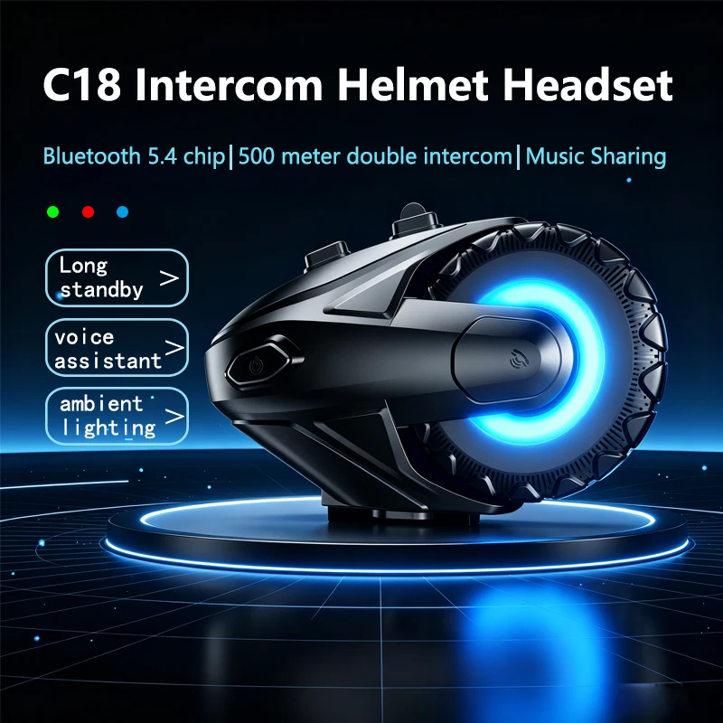 Motorcycle Helmet Bluetooth Walkie Talkie C18 500M 2 Rider Walkie Talkie BT5.4 Wind Noise Reduction Waterproof Helmet Headphones