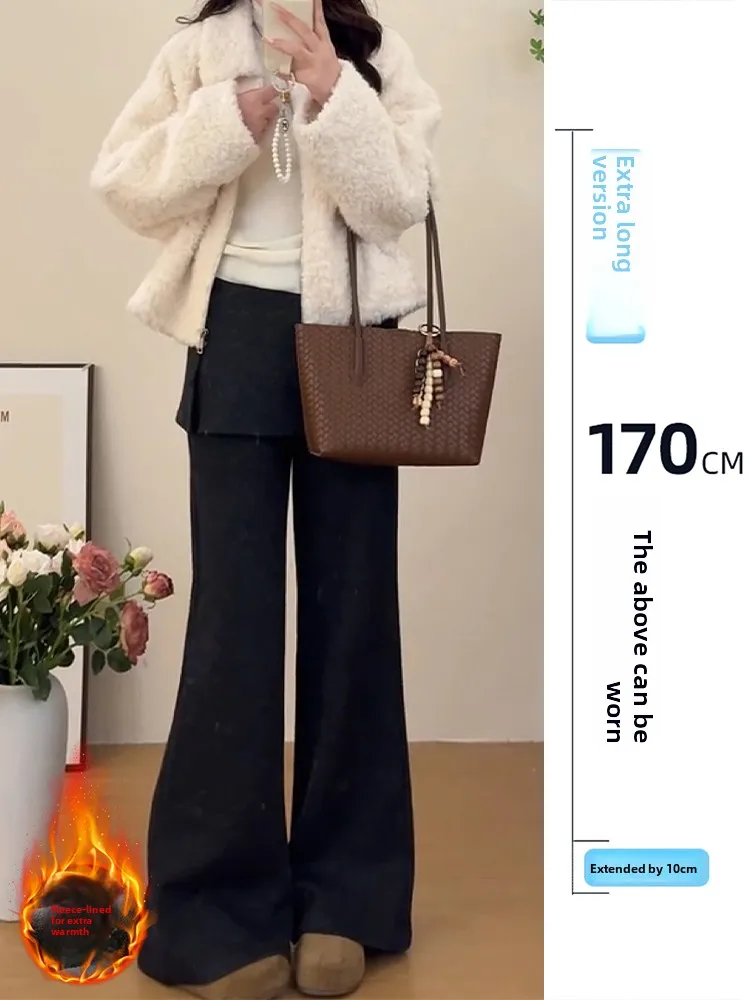 

Bla Woolen Tassel Pants Women's Fce Lined Flared High Waist Autumn Winter New Sle Casual Pure Color Patchwork Pants