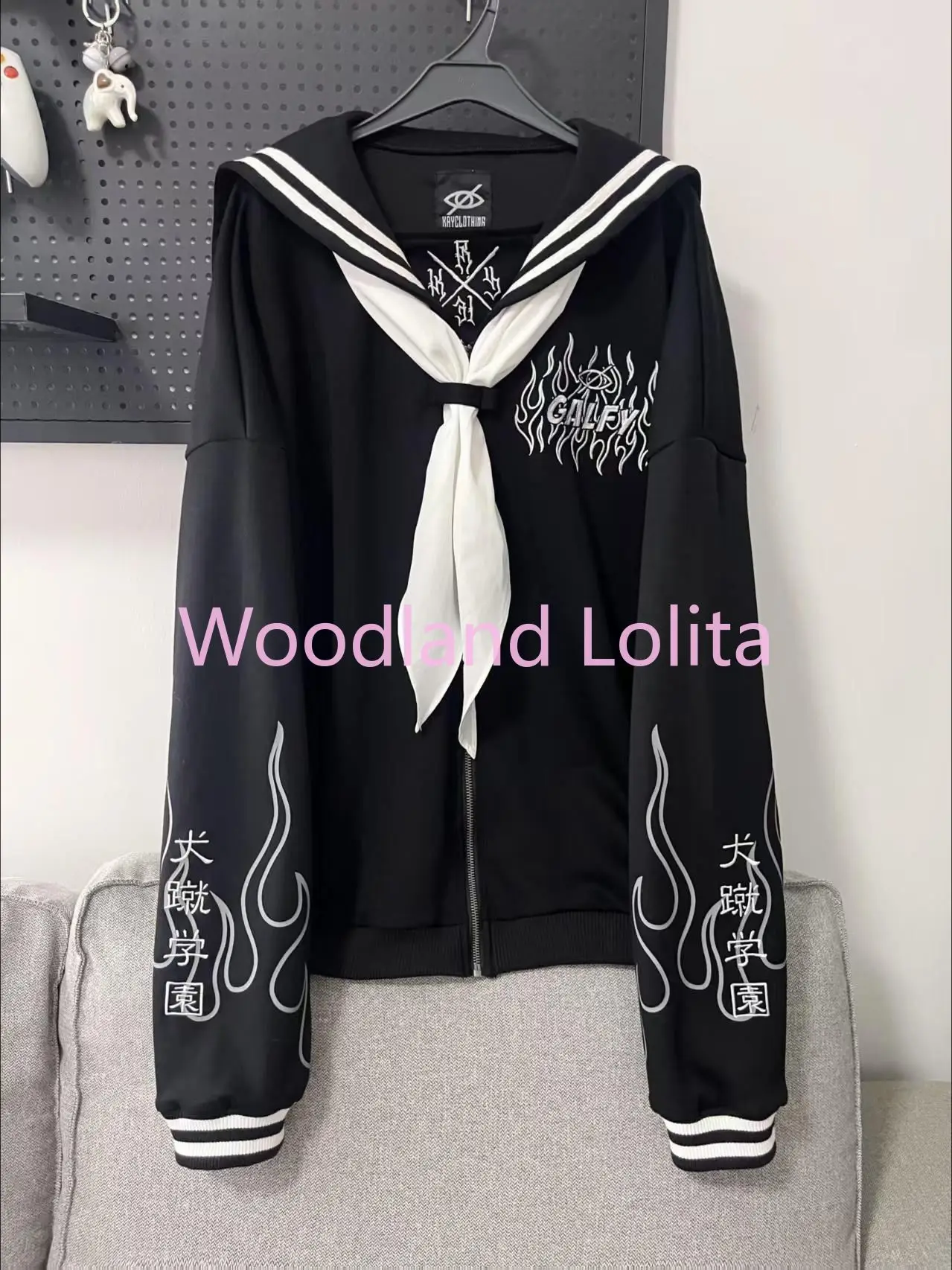 Spring Autumn Japanese Dark Gothic Coat Women Sailor Collar Print Preppy Style Sweatshirt Vintage Y2K Harajuku Oversized Coat