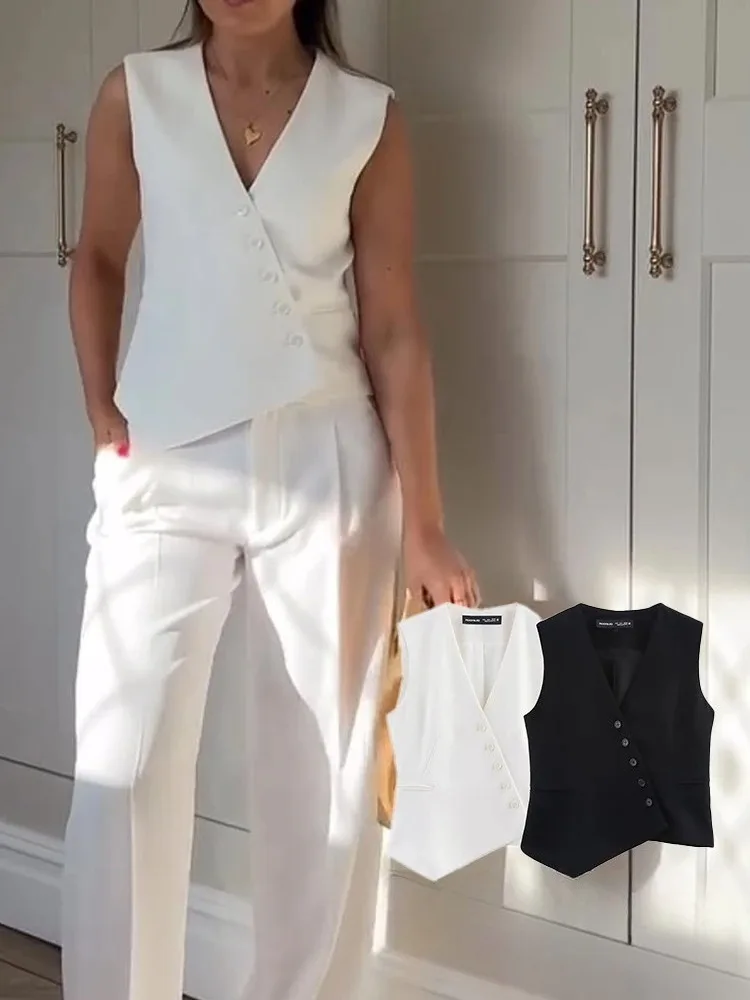 KONDALA Casual Frauen Solide Tops Asymmetrische V-ausschnitt Einreiher Pockects Ärmellose Weste Mode 2025, Herbst Blazer Tops