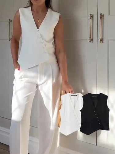 KONDALA-Tops informales lisos para mujer, Tops asimétricos con cuello en V, chaleco sin mangas con botonadura única, chaqueta de moda de otoño 2025
