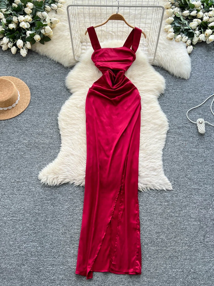 فستان نسائي طويل عصري من الساتان بدون حمالات وخصر مشدود وتنورة مقسمة متوسطة الطول صيفية على الطراز الكوري فستان على شكل حرف a #1