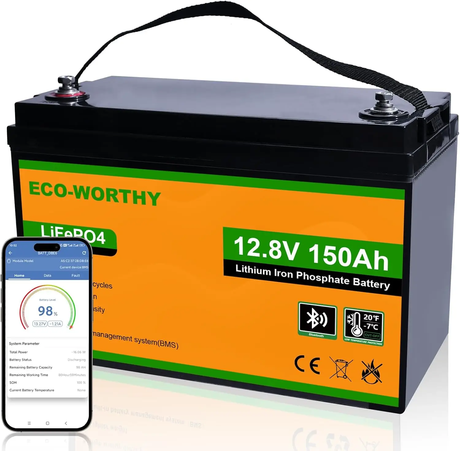 12V 150AH Bluetooth LiFePO4 Lithium Battery with Low Temperature Protection Built-in 120A BMS Perfect for Trolling Motor Boat