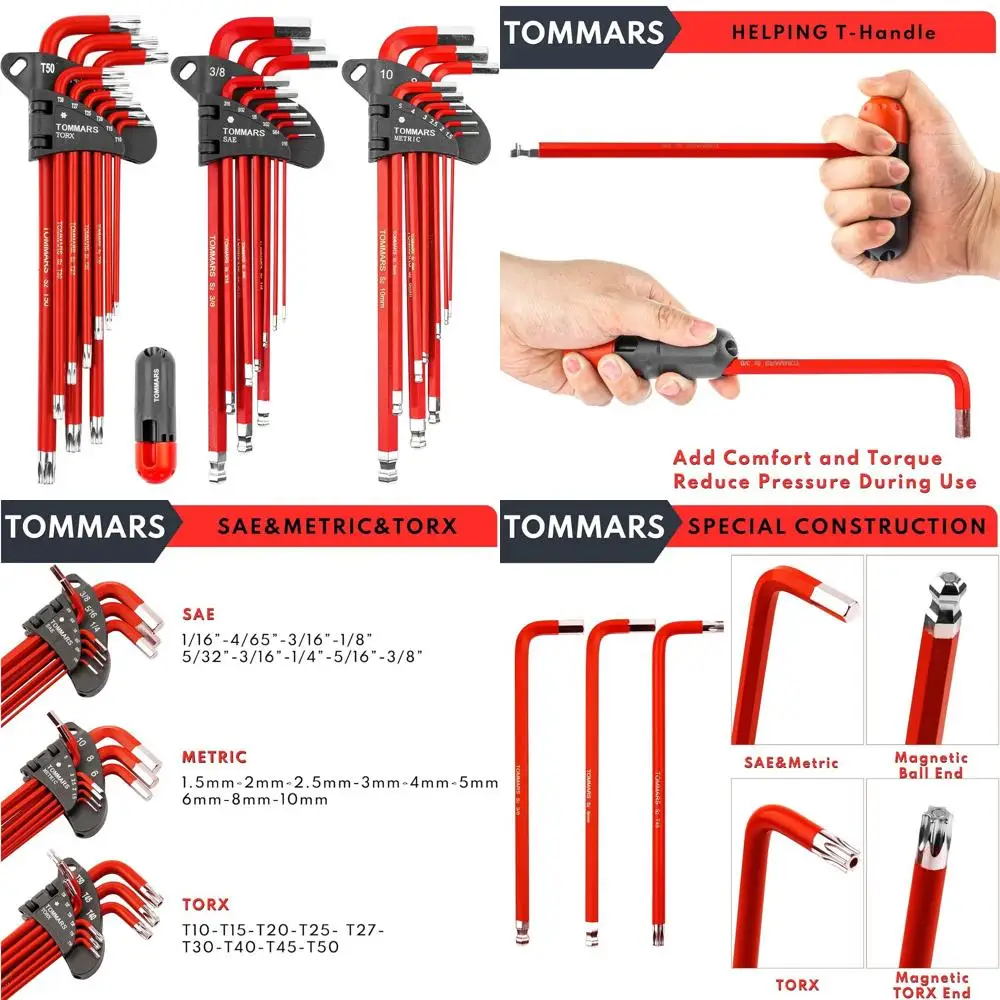 

Hex Key Set Magnetic Ball End S2 Steel With T-Handle Hex Key Allen Wrench Set SAE(1/16"-3/8") Metric(1.5mm-10mm) TORX(T10-T50)